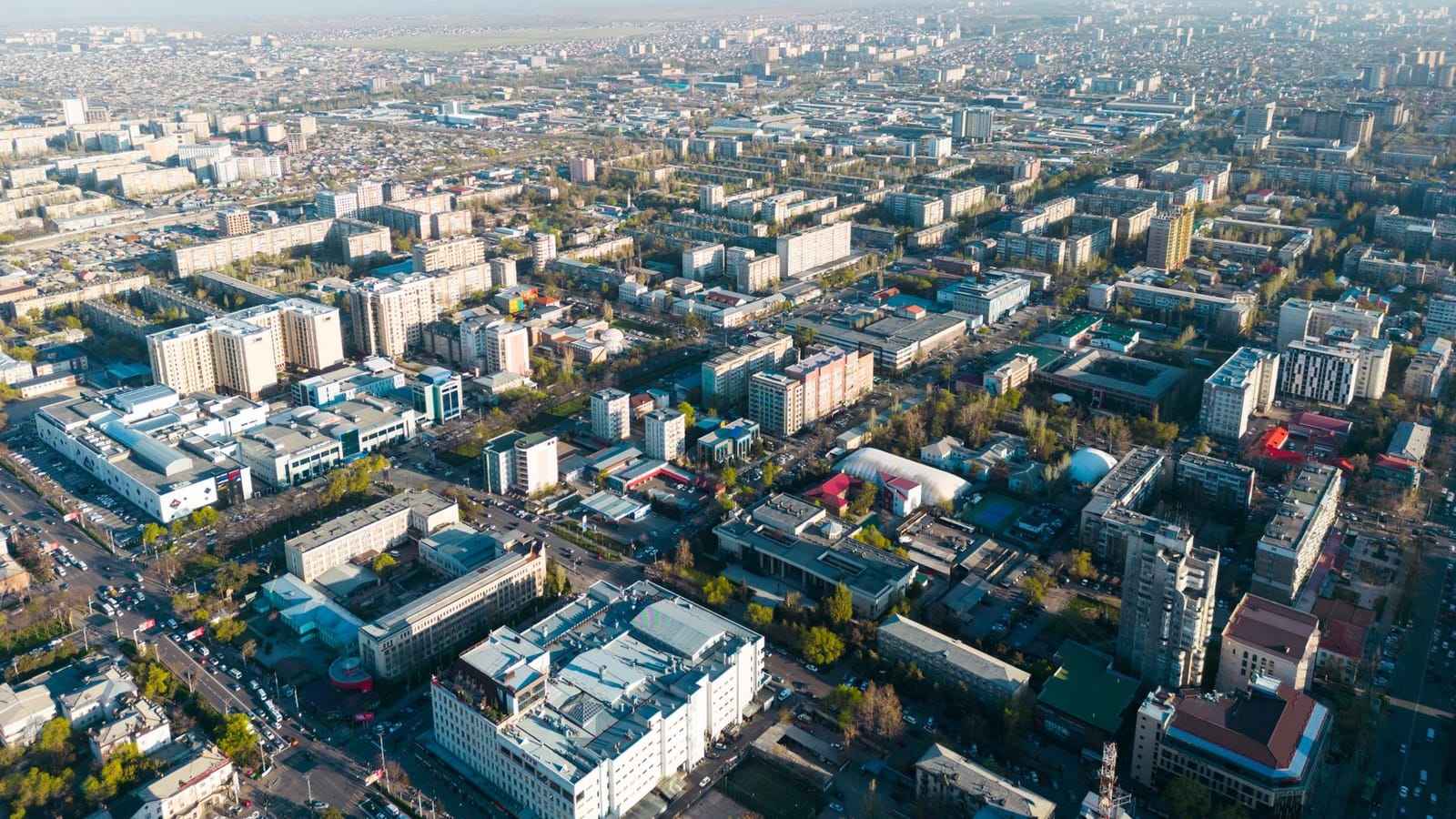 Stunning aerial view of Bishkek city showcasing urban development and architecture in Kyrgyzstan.