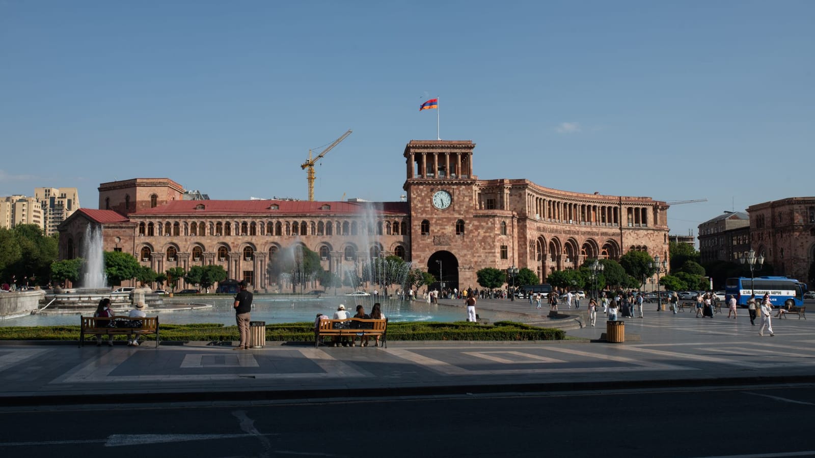 Government House on Republic Square in Yerevan, the seat of the Armenian cabinet, flying the national flag.