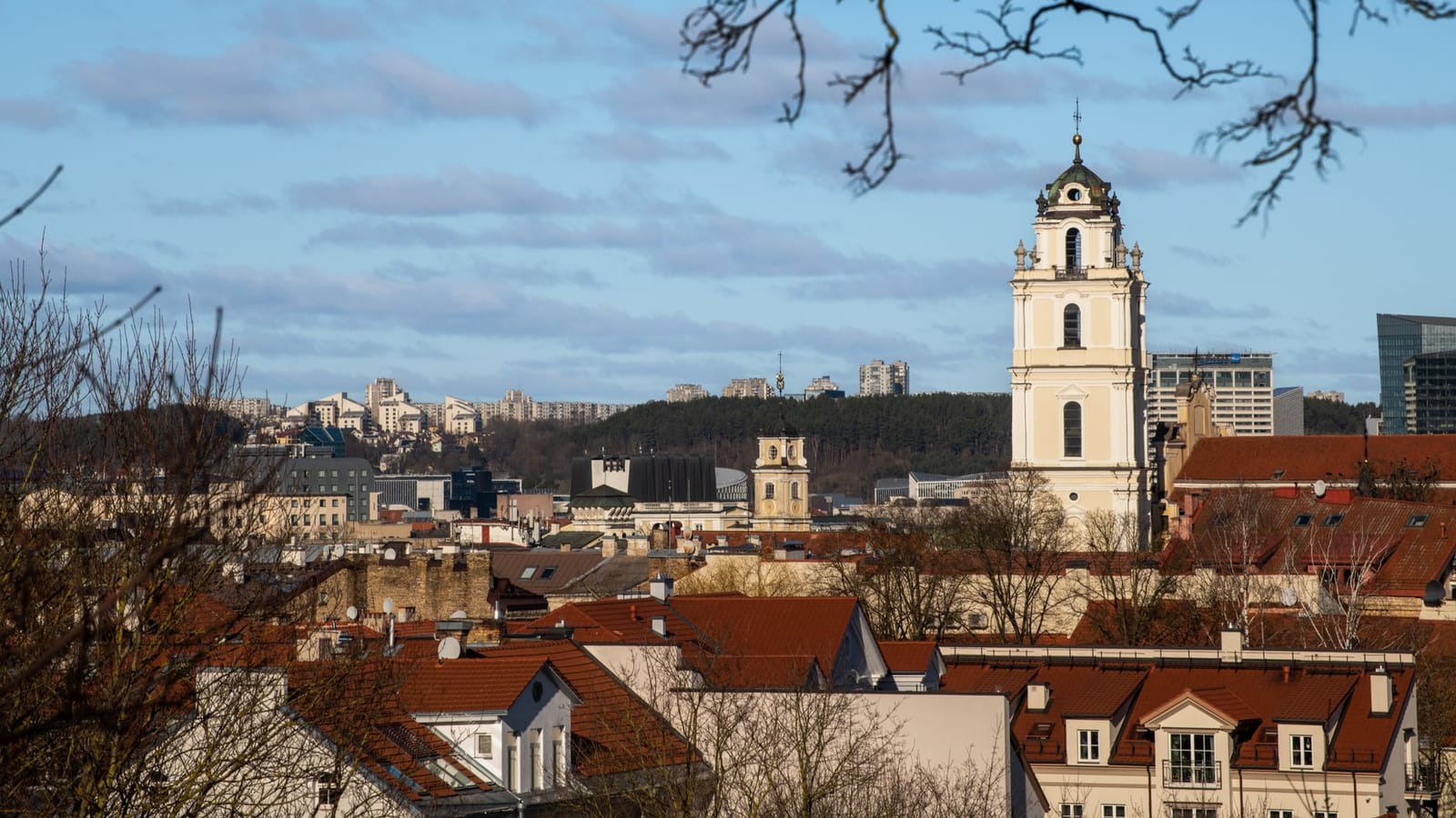 A beautiful view of Vilnius city featuring historic architecture and a prominent church tower under a clear sky.
