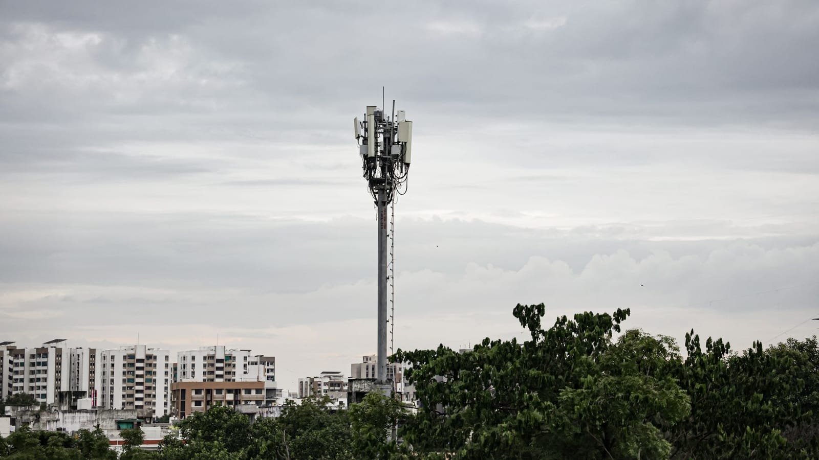 Cell tower rising above trees with urban high-rise buildings under a cloudy sky.