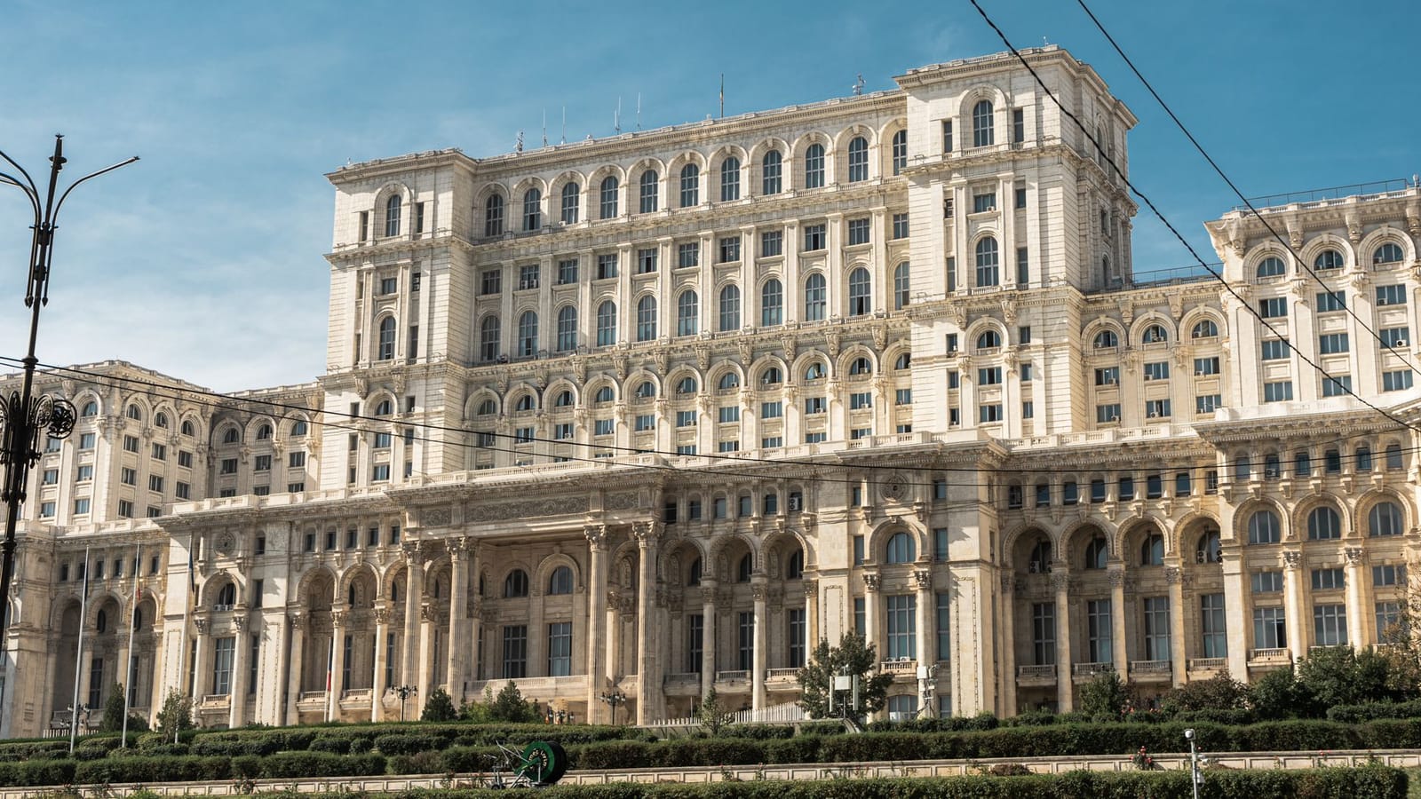 Capture of the iconic Palace of the Parliament in Bucharest, Romania under clear skies.