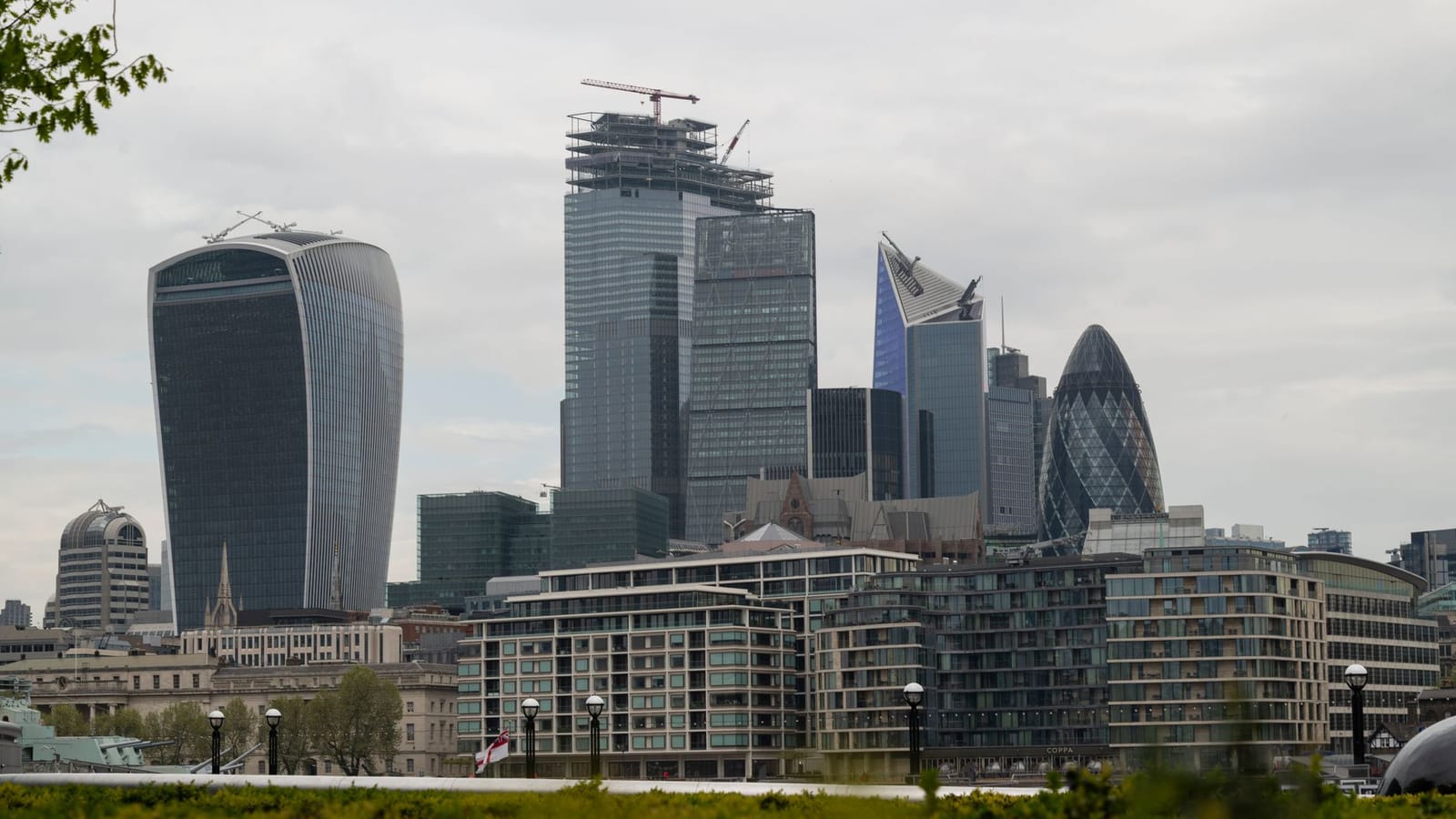 View of London's modern skyscrapers including the Gherkin and Walkie-Talkie buildings.