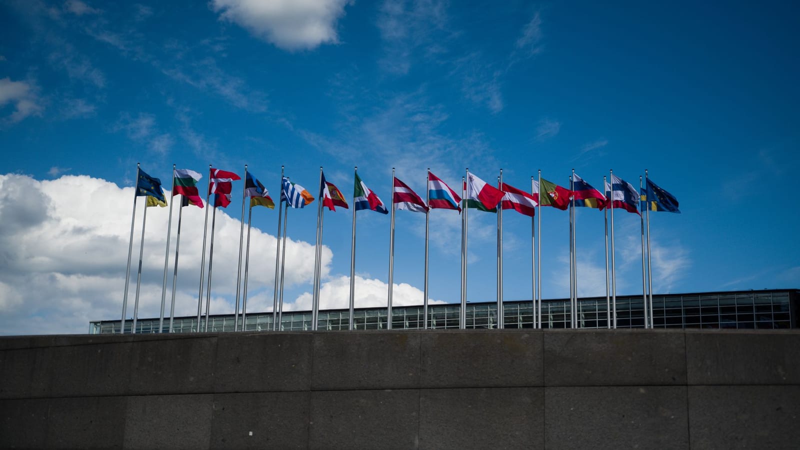 Row of European flags fluttering against a clear blue sky, symbolizing unity.