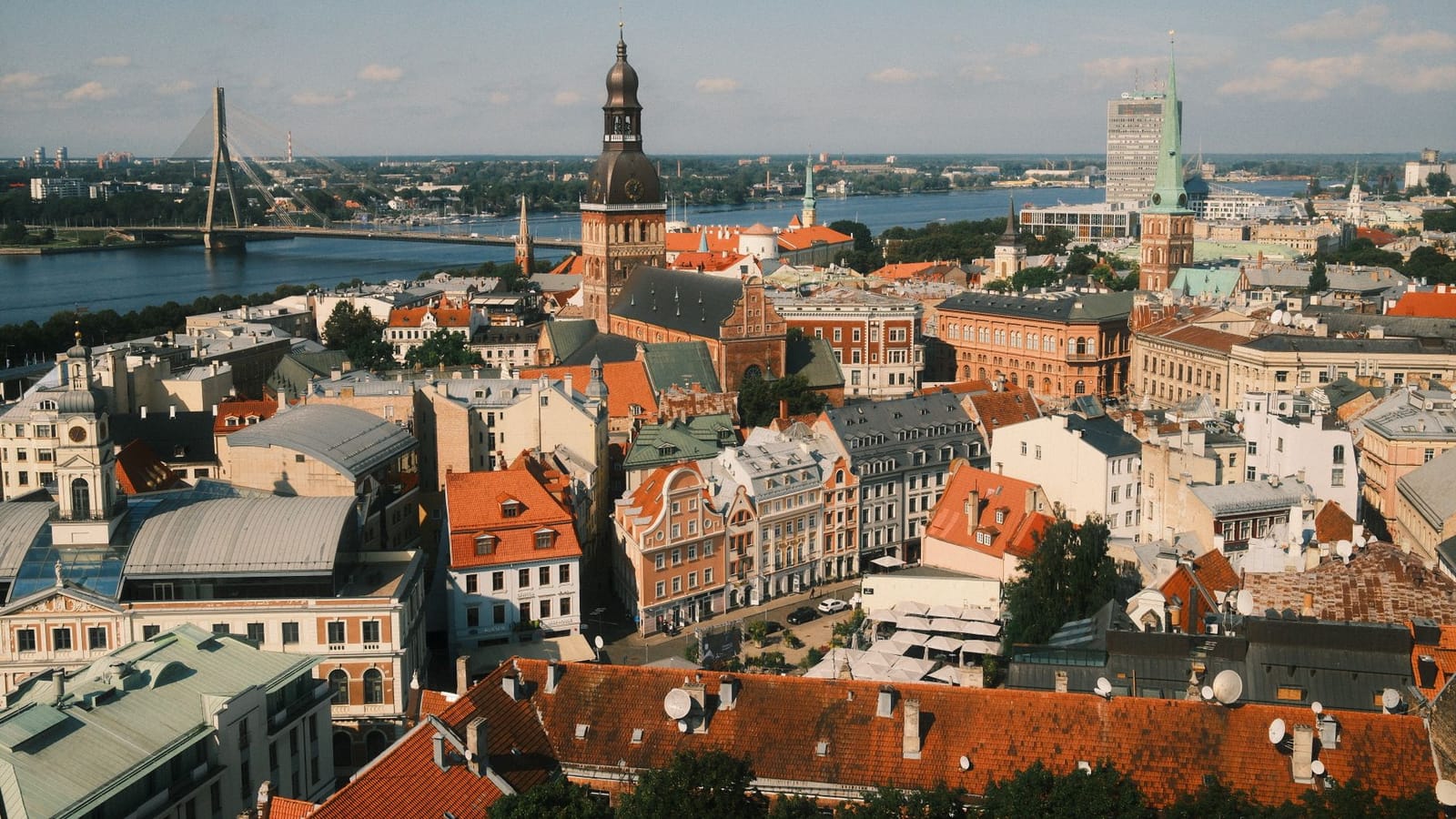 Stunning aerial photograph of Riga's historic center and Daugava River skyline in Latvia.