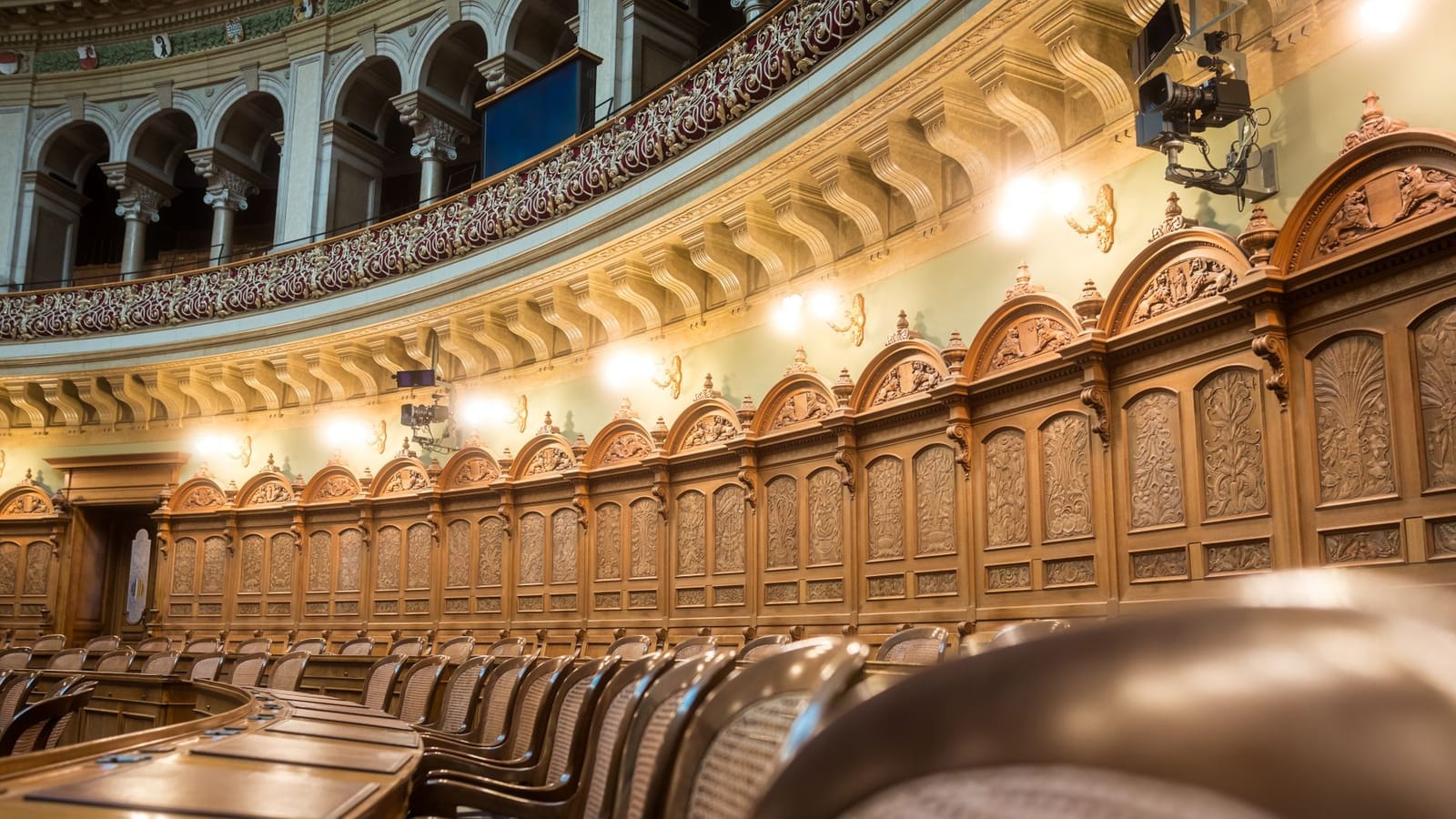 Interior view of the elegant Swiss Parliament council chamber in Bern, Switzerland.