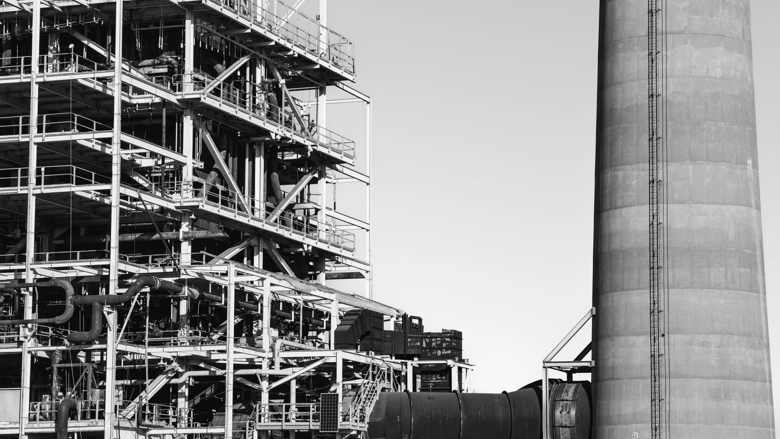 Black and white image of a factory structure in San Francisco, showcasing industrial design.