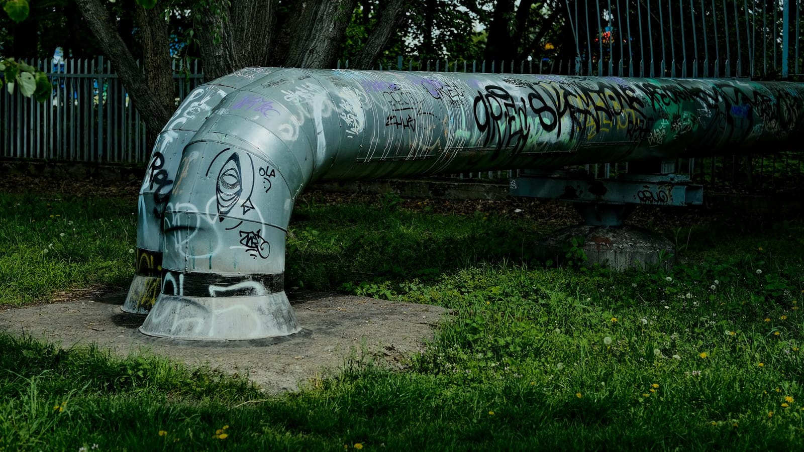 Large metallic pipe covered in graffiti amidst lush green grass and trees in a park setting.