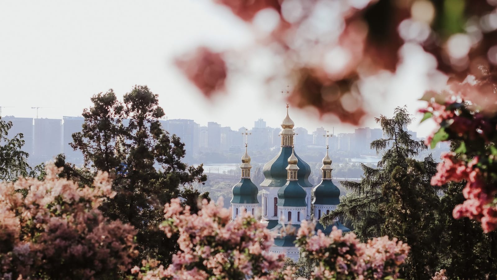 Beautiful view of Kyiv's St. Andrew's Church framed by vibrant spring blossoms.