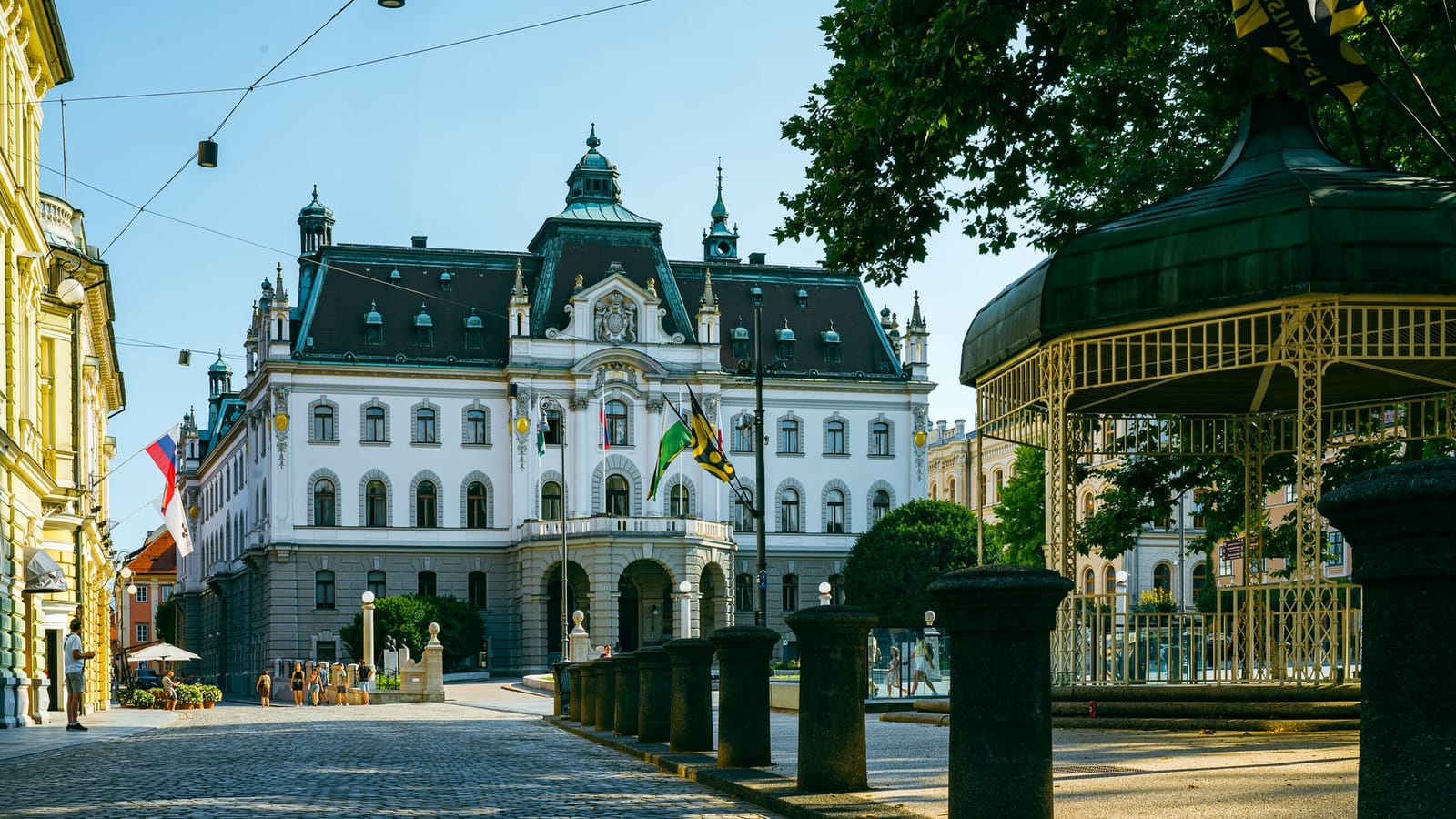 Stunning view of the University of Ljubljana in summer with historic architecture.