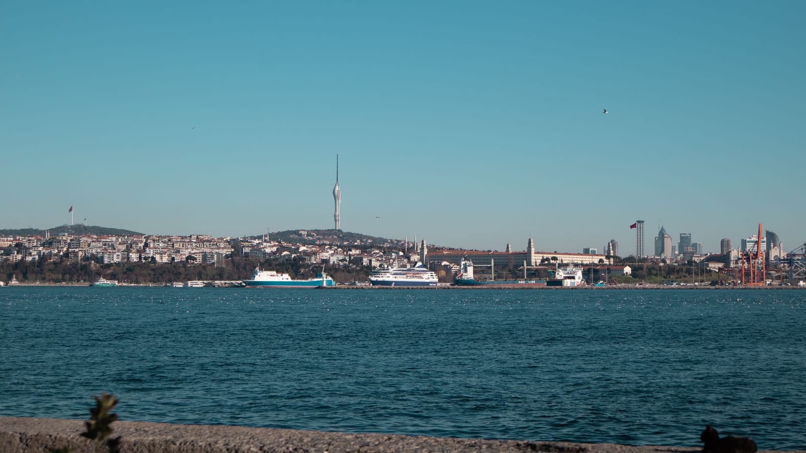 A stunning daytime view of İstanbul's Bosphorus and skyline, featuring the Çamlıca Tower.